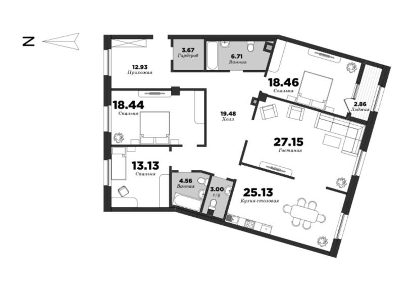 NEVA HAUS, Корпус 1, 4 спальни, 154.09 м² | планировка элитных квартир Санкт-Петербурга | М16